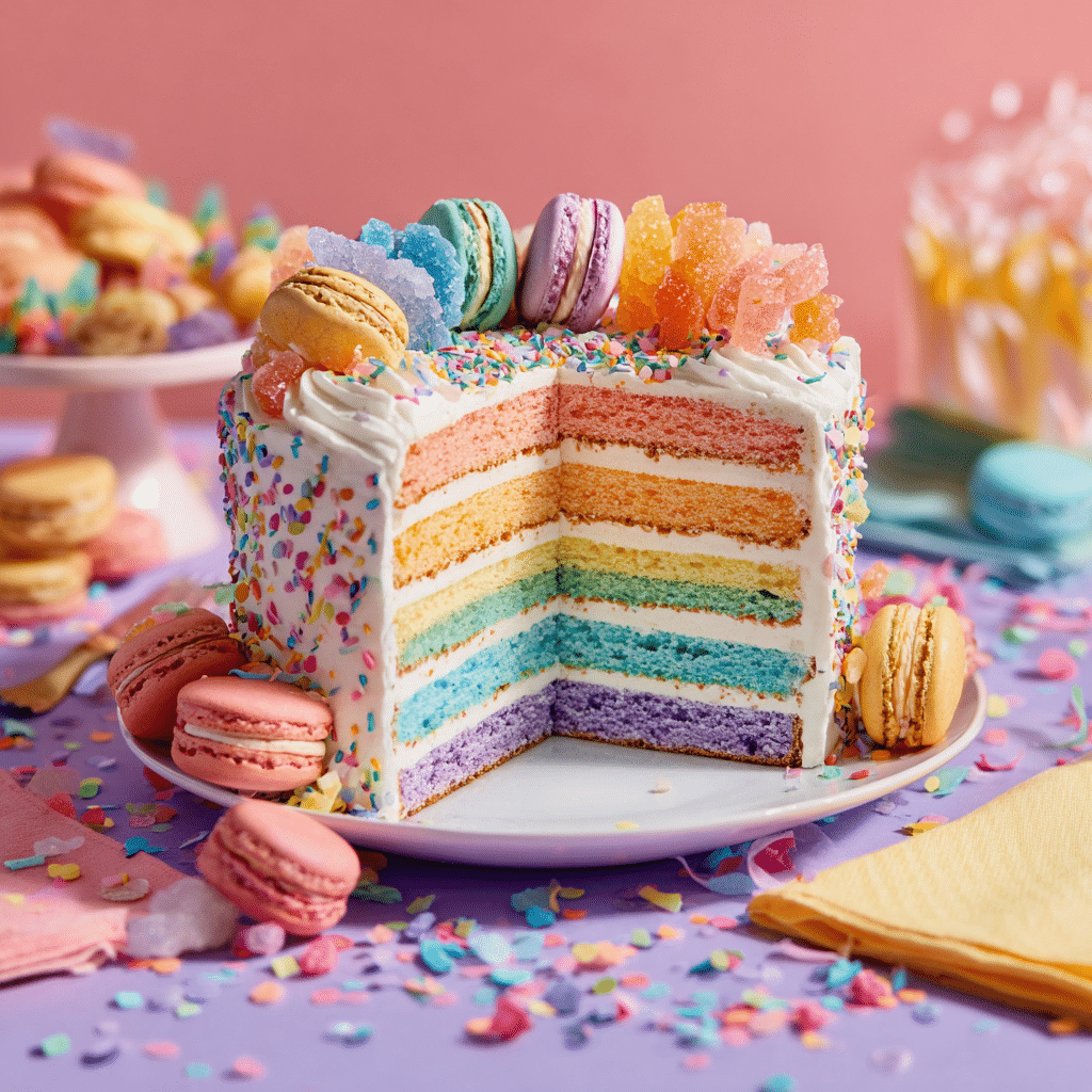 Rainbow Rock Candy Macaron Cake