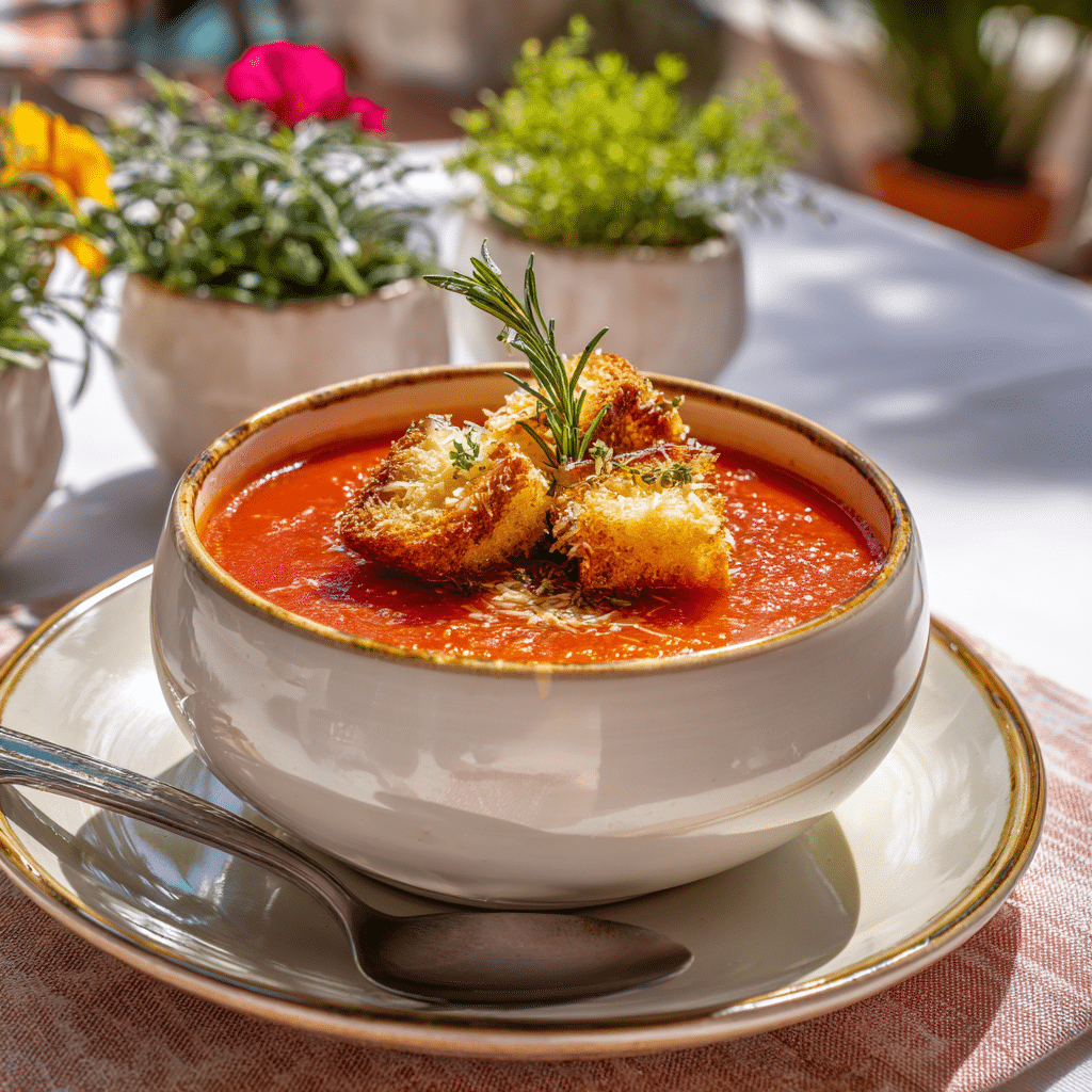 Creamy Tomato Soup with Cheesy Croutons