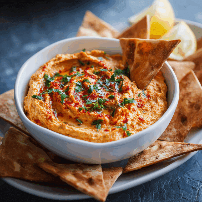 Roasted Red Pepper Hummus with Pita Chips