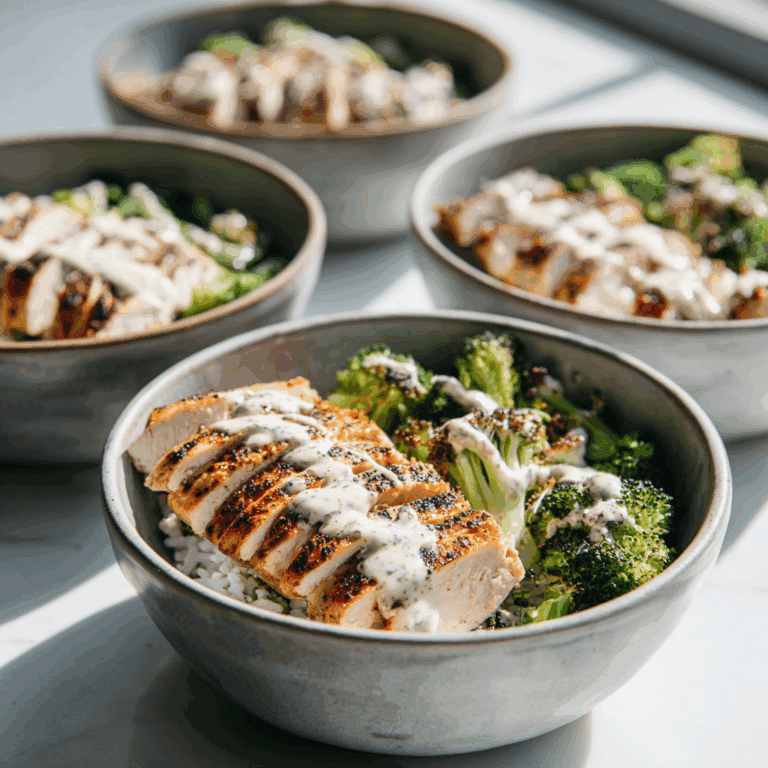 Grilled Chicken & Broccoli Bowls with Creamy Garlic Sauce