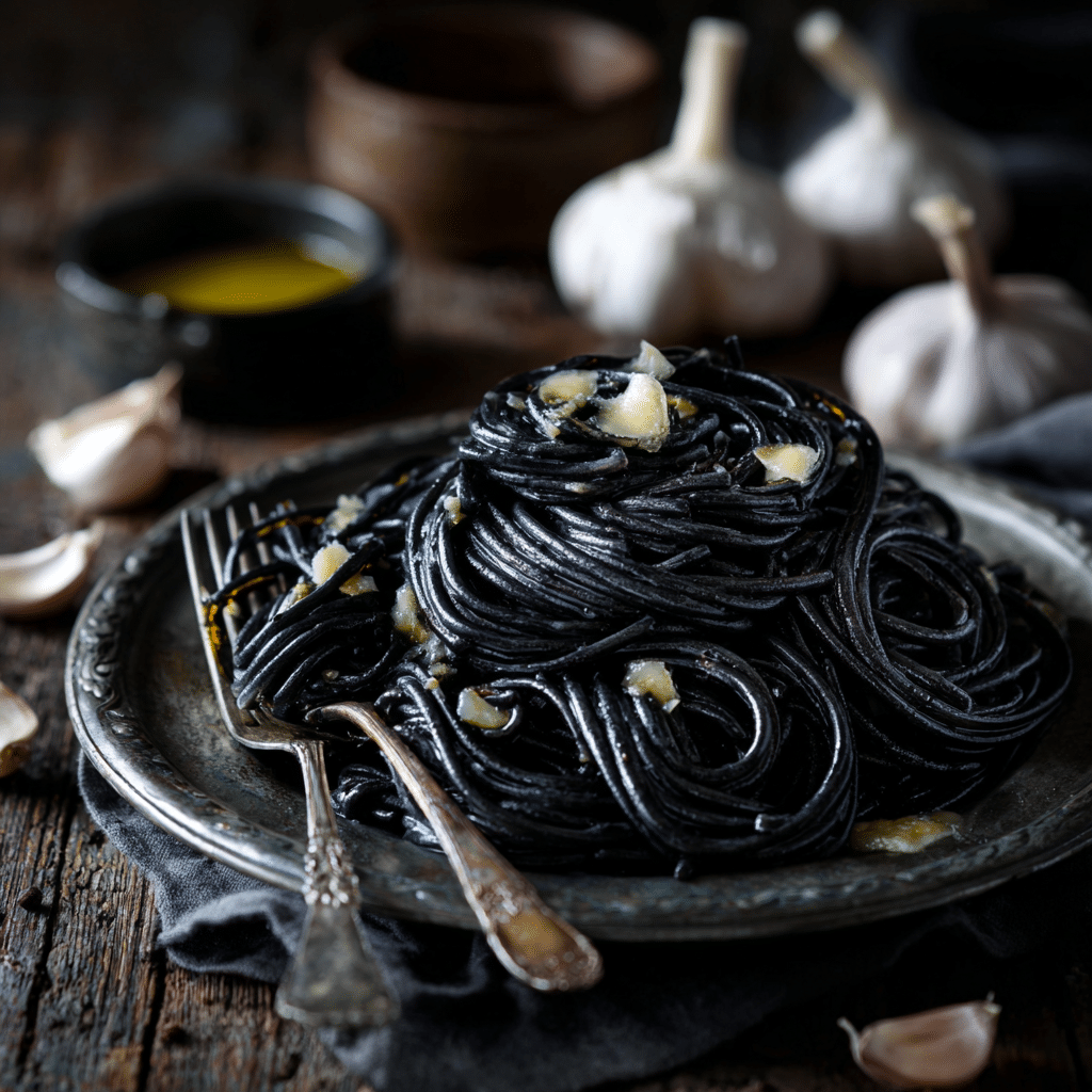 Black Pasta with Garlic Butter