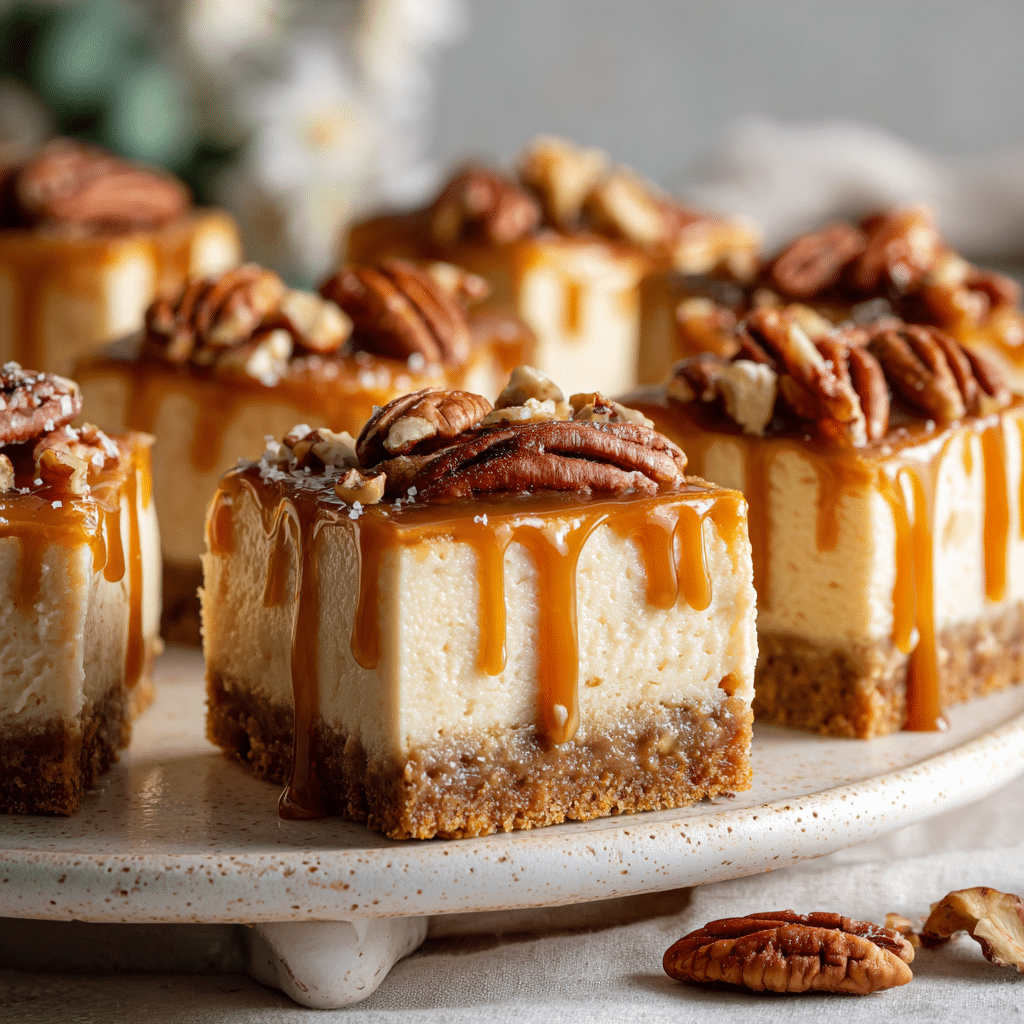 Salted Caramel Pecan Cheesecake Bars (lighter version) Recipe