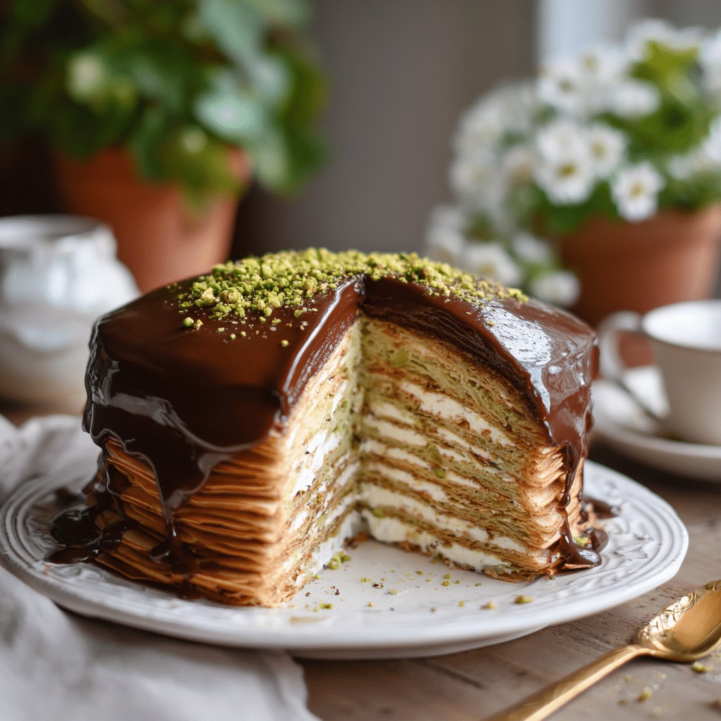 Dubai Chocolate Crepe Layer Cake - Recipe Image