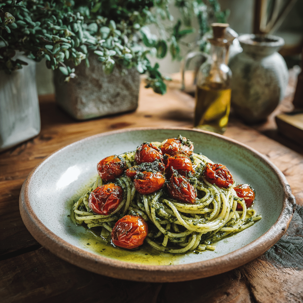 Pesto Pasta with Cherry Tomatoes - Recipe Image
