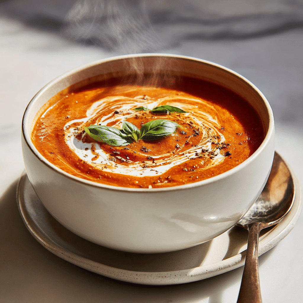 Creamy Vegan Tomato Basil Soup Recipe - Recipe Image