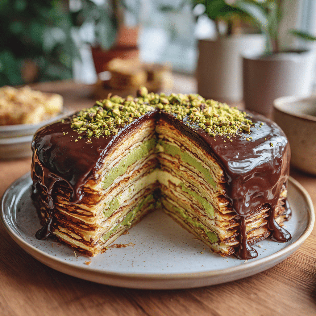 Dubai Chocolate Crepe Layer Cake - Recipe Image
