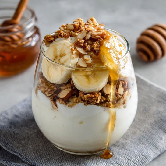 Banana Yogurt Parfait with Honey Almond Crunch Recipe - Recipe Image