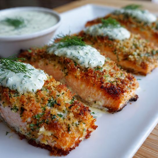 Garlic Parmesan Crusted Salmon with Creamy Dill Sauce Recipe - Recipe Image