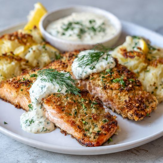 Garlic Parmesan Crusted Salmon with Creamy Dill Sauce Recipe