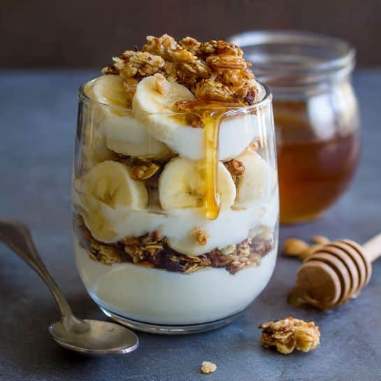 Banana Yogurt Parfait with Honey Almond Crunch Recipe - Recipe Image