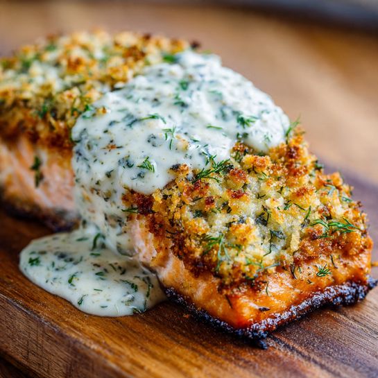 Garlic Parmesan Crusted Salmon with Creamy Dill Sauce Recipe - Recipe Image