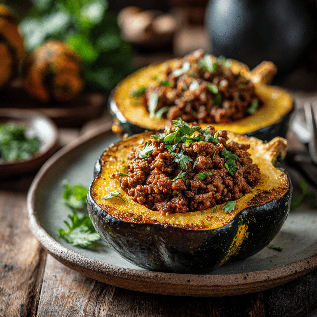 Stuffed Acorn Squash (with Ground Meat or Plant-Based Meat) Recipe