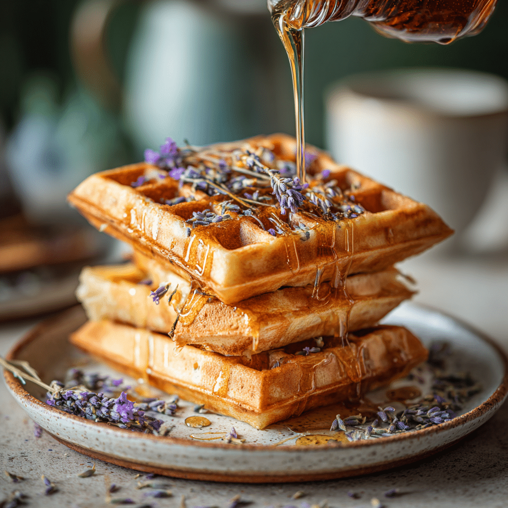 Fluffy Eggless Waffles with Lavender-Infused Maple Syrup Recipe - Recipe Image