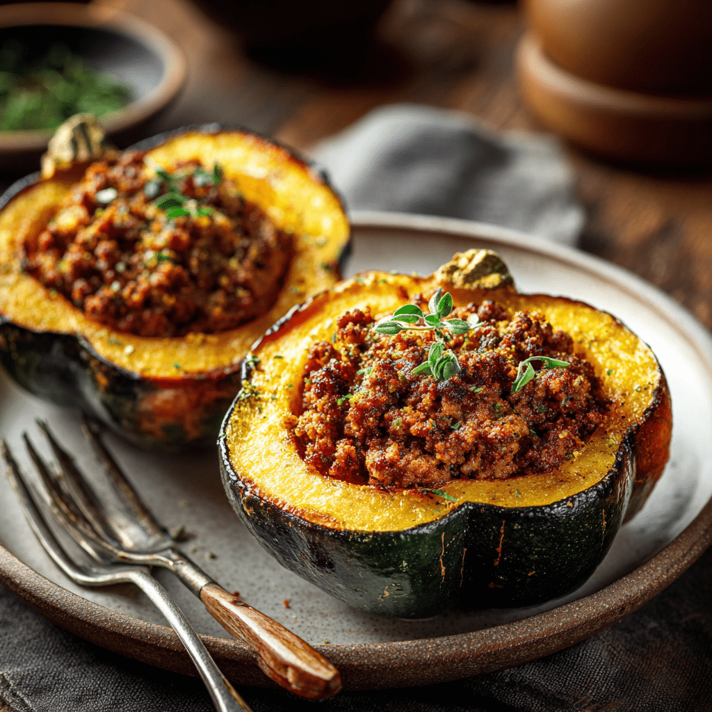 Stuffed Acorn Squash (with Ground Meat or Plant-Based Meat) Recipe - Recipe Image