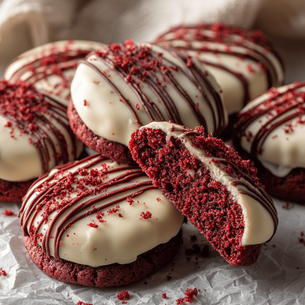 White Chocolate Dipped Red Velvet Cookies Recipe - Recipe Image