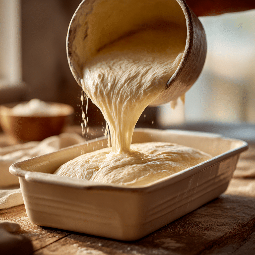 Pour the bread mixture into the prepared baking dish, spreading it out evenly Recipe