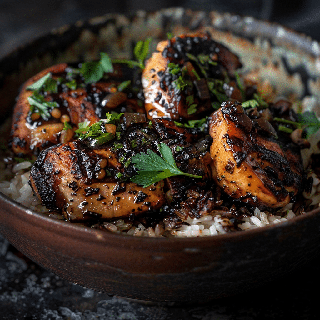 Black Garlic Butter Rice with Charred Chicken Recipe