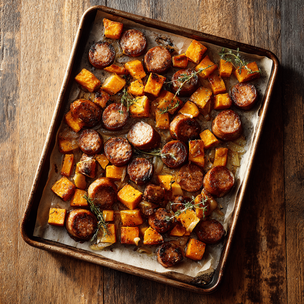 Honey Garlic Sausage and Sweet Potato Sheet Pan Dinner Recipe