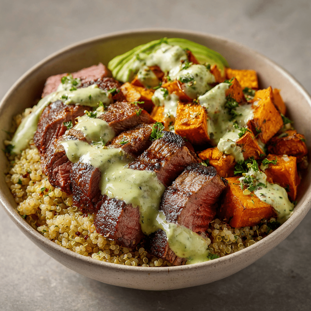 Steak and Sweet Potato Bowls with Avocado-Cilantro Drizzle Recipe - Recipe Image