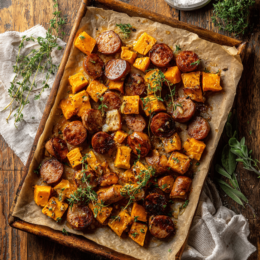 Honey Garlic Sausage and Sweet Potato Sheet Pan Dinner Recipe - Recipe Image