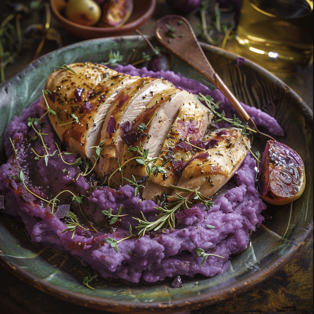 Purple Sweet Potato Mash with Herb Chicken - Recipe Image
