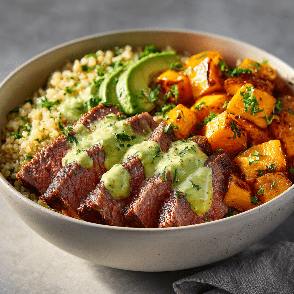 Steak and Sweet Potato Bowls with Avocado-Cilantro Drizzle Recipe - Recipe Image