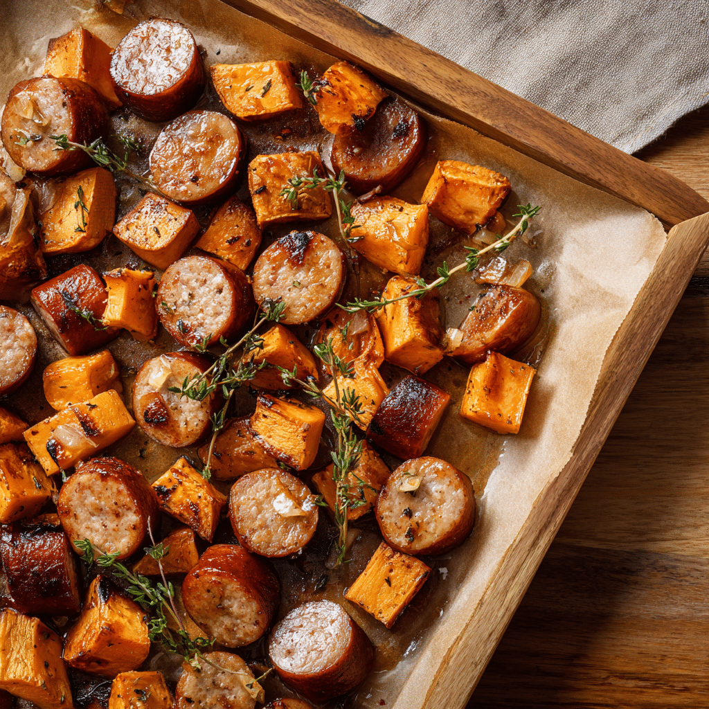 Honey Garlic Sausage and Sweet Potato Sheet Pan Dinner Recipe - Recipe Image