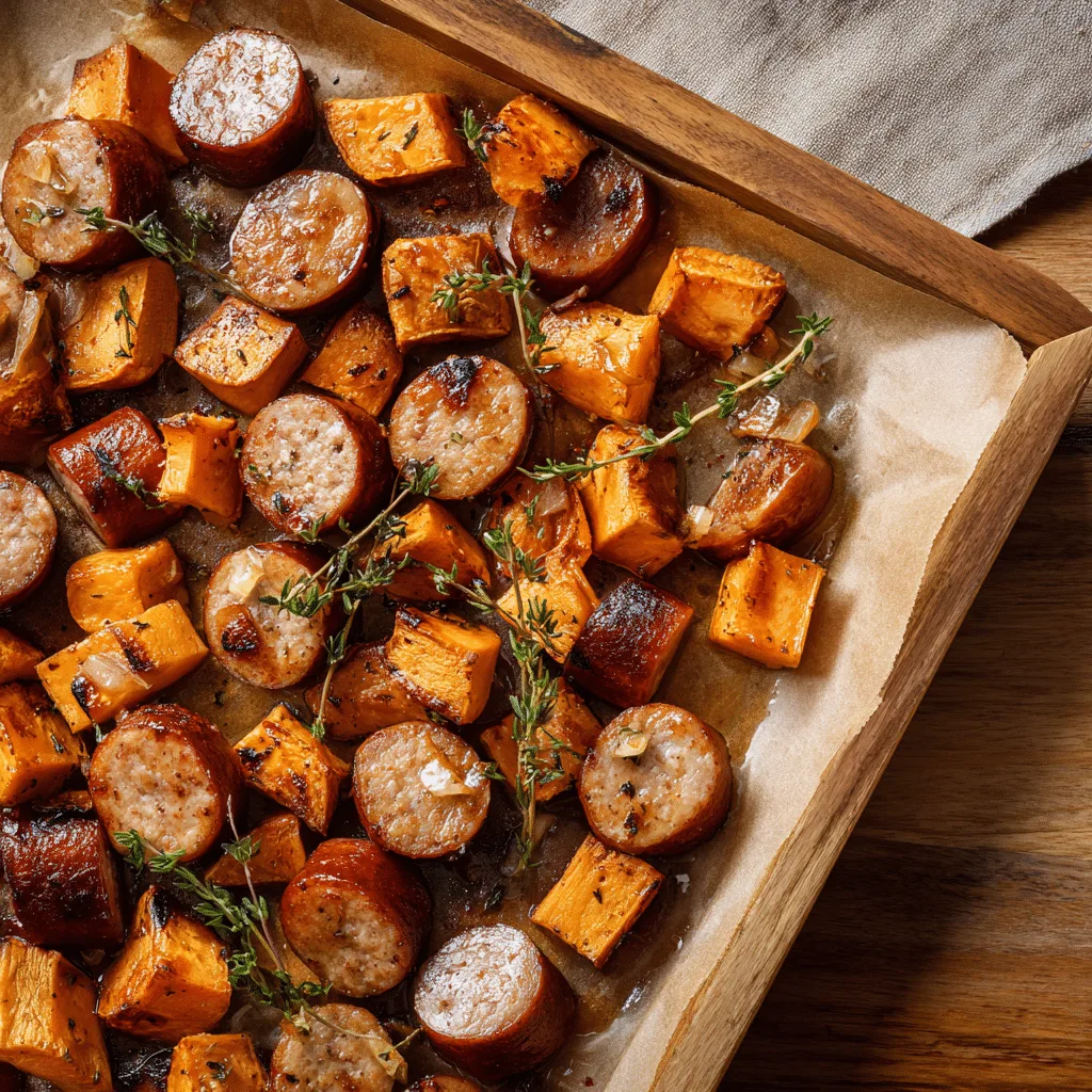 Honey Garlic Sausage and Sweet Potato Sheet Pan Dinner Recipe - Recipe Image