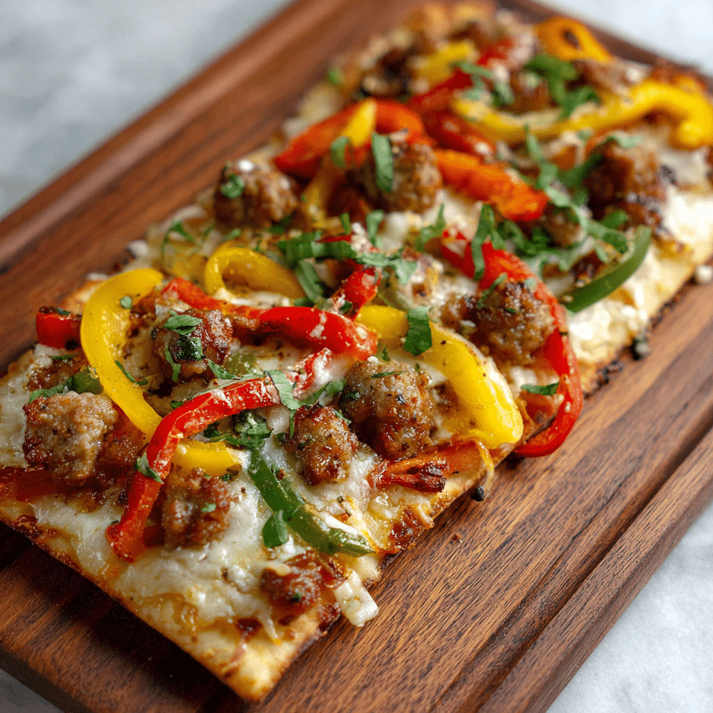 Spicy Sausage & Pepper Flatbread Recipe - Recipe Image