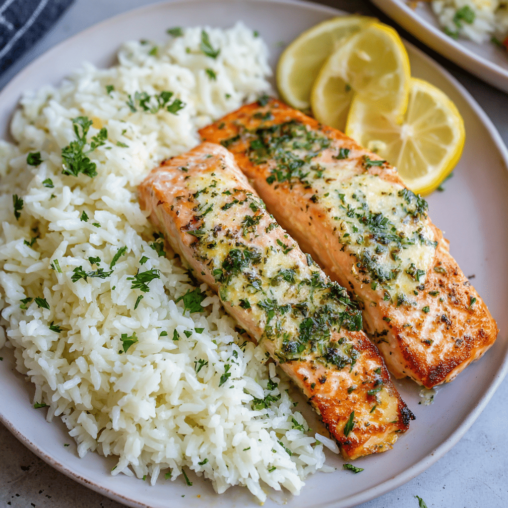 Garlic Butter Salmon with Lemon Rice Recipe - Recipe Image