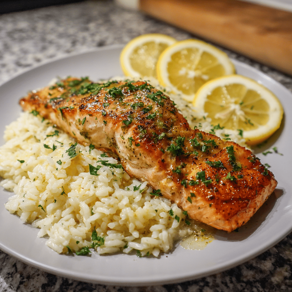 Garlic Butter Salmon with Lemon Rice Recipe - Recipe Image