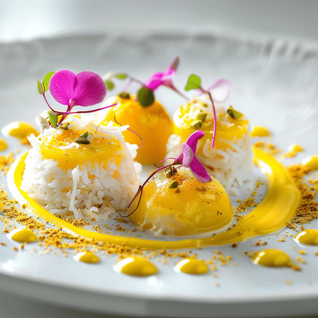 Coconut Saffron Rice with Mango Gel and Pistachio Crumble Recipe - Recipe Image