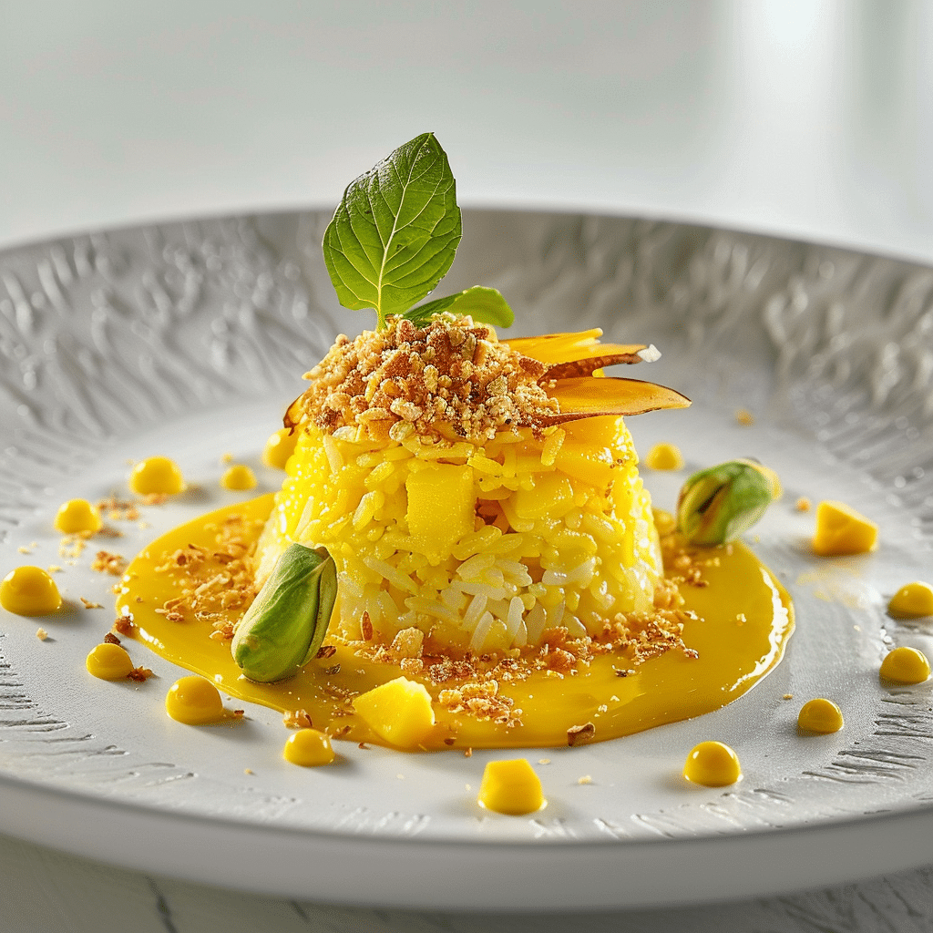 Coconut Saffron Rice with Mango Gel and Pistachio Crumble Recipe - Recipe Image